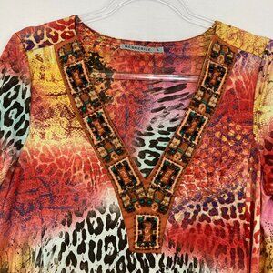 Mesmerize Large Beaded 3/4 Sleeve Leopard Colorful Sharkbite Hem Artsy Tunic